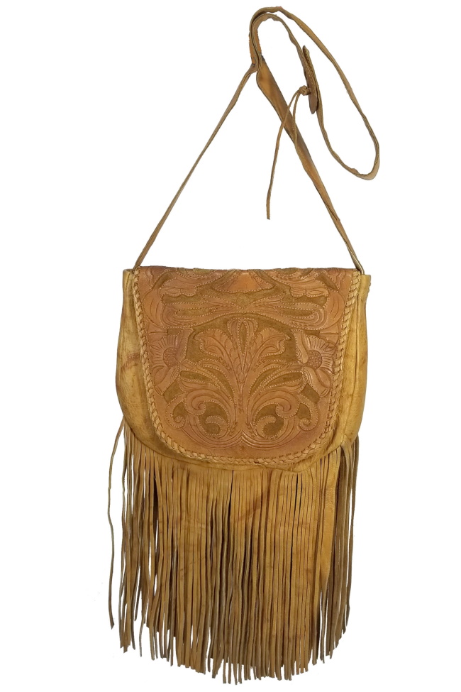 (image for) Inlaid Hand Tooled Fringed Leather Cross Body Shoulder Bag